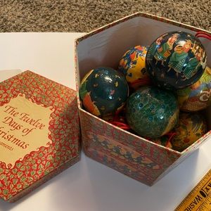 Vintage 12 Twelve Days of Christmas Papier-mâché Decoupage Ornaments w/Box New